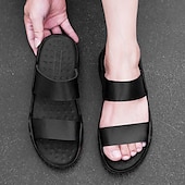 cheap Dress Sandals-&quot;Men&#039;s Black and Yellow Slide Sandals with Wide Straps, Casual Style for Outdoor and Beach Wear