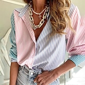 voordelige Vrouwen vakantie tops-Dames Overhemd Gestreept Dagelijks Stijlvol Basic Lange mouw Overhemdkraag Normale tops Werk Dagelijks Feestdagen Knop Blozend Roze Lente Herfst