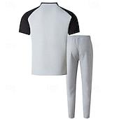 preiswerte Basic T-Shirts für Herren-Herren T-Shirt Anzüge T-Shirts und lange Hosen mit Kordelzug 2-teiliges Outfit Kurzarm Henley Sommer Frühling Farbblock Mode Lässig 2 teilig Urlaub Alltagskleidung Ausgehen Wein Grün Khaki Top