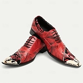 baratos Sapatos Sociais Elementares-Sapatos de Vestir em Couro Vermelho Premium Masculinos com Estampa Artística e Detalhe Studded com Ponta Dourada–Calçados Formais Estilosos para Ocasiões Especiais