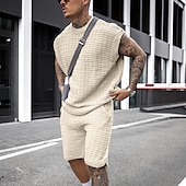 baratos Conjuntos de camisetas básicas masculinas-Homens Conjunto de shorts e camiseta Conjunto de T Sem Manga Crewneck Côr Sólida Roupa de Malha Tricotado Férias Roxo Bege Top Tee para Homens