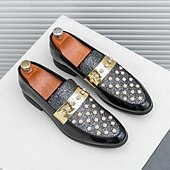 economico Semi-formale-mocassini da uomo in vernice nera con dettagli borchiati e cinturino dorato, scarpe casual alla moda per feste ed eventi speciali