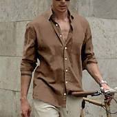 cheap Street-Men&#039;s Shirt Linen Shirt Summer Shirt Beach Wear Casual Shirt Button Up Shirt Plain Casual Daily White Brown Light Blue Long Sleeve Lapel Spring &amp; Summer Clothing Apparel