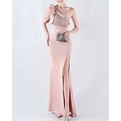 preiswerte BLAU-Meerjungfrau  Trompete Abendkleid Elegantes Kleid Formelles Abendparty Bodenlang Ärmellos Ein Schulter Spitze mit Schleife(n) Perlen Schlitz