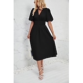 cheap Dresses-Retro Vintage 1950s Midi Dress Flare Dress Puff Sleeve Solid Color A-Line V Neck Women&#039;s Masquerade Wedding Vacation Tea Party Adults&#039; Dress