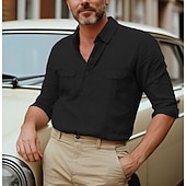 voordelige Straat-Voor heren Overhemd Katoenen linnen overhemd Zomer overhemd Overhemd met knopen Effen Casual Dagelijks Zwart Wit blauw Khaki Lange mouw Kraag Lente zomer Kleding Zak