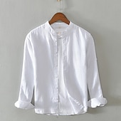 economico Casual da lavoro-Per uomo Camicia Camicia di lino Camicia casual Camicia con Bottoni Camicia di cotone Semplice Vacanza Camicia hawaiana Bianco Blu marino Cachi Grigio Manica Lunga Colletto alla coreana Primavera