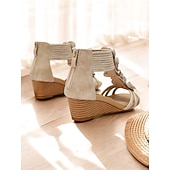 tanie Kobiety-damskie sandały na koturnie w stylu boho z kwiatowym wzorem – romantyczne letnie sandały gladiatorki z odkrytymi palcami i elastycznymi paskami na plażę i na co dzień