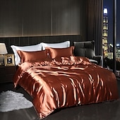 cheap Duvet Cover Sets-4 Pieces Satin Silk Bedding Set with Fitted Sheets Duvet Cover Sets Summer Solid Color Comforters Covers with 2 Pillowcases