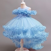 preiswerte Kleider für die Blumenmädchen-Blumenmädchenkleid Mädchen Formelle Kleidung Prinzessinenkleid Party Kleid Hochzeit Besondere Anlässe bezaubernd Süß Rüschen Zip Feste Farbe Kurzarm Rundhalsausschnitt Weiß Champagner 4-13 Jahre