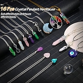 baratos Acessórios para festa-Colar com pingente de cristal de 16 peças, coluna hexagonal de ametista, fio trançado de mau olhado, colar com pingente de árvore da vida