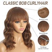 お買い得  トレンドの合成ウィッグ-女性用ウェーブカーリーボブウィッグ、女性用チャーミングチョコレートブラウンウィッグ、肩までのミディアムレングスウィッグ、前髪付き、毎日のコスプレパーティーに