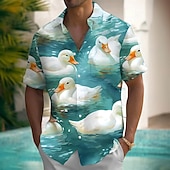 billiga Ocean Print-Herr Rolig Anka Hawaii skjorta Knapp upp skjorta Aloha skjorta Kortärmad Hawaiisk Tillflykt Semester Helgdag Standkläder Sommar Vår Nedvikt krage skjortor Främre en ficka Blå