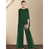 levne Máminy kalhotové kostýmy-Dvoudílný overal  kalhotový oblek matky nevěsty svatební host elegantní velké velikosti náhrdelník délka po podlahu šifon 3/4 délky rukáv s aplikacemi bez vlastního rozměru