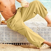 baratos Clássico-Homens Calças de linho Calça verão Calças de praia Calças Harem Bolsos Com Cordão Cintura elástica Tecido Conforto Respirável Mimolet Férias Diário Feriado Havaiana Boho Azul Céu Preto