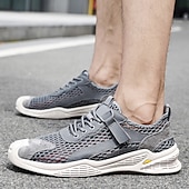 cheap Men&#039;s Sneakers-Men&#039;s Beige Mesh Sneakers with Lace-up &amp; Velcro Strap, Breathable Casual Sports Shoes for Summer