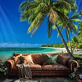 Недорогие Тапестри́ на океа́нском пляже-Пейзаж Пляж Висячая Гобелен настенное искусство Пальма Большой гобелен Муральное декор Фотографический фон Плед занавеска Дом Спальня Гостиная Декорация