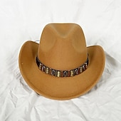 preiswerte Partykappen-Metallgürtel Western Cowboyhut Herren Herren Damen Jazz Cowboyhut mit Leder breiter Krempe Glockenhut Kirche Sombrero Cowgirl