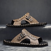 abordables Sandalias casuales-Sandalias casuales marrones para hombre con tira de cuero y elegantes detalles de costura: cómodas para usar a diario, en la playa y para salidas relajadas