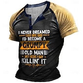 cheap Funny Words-Birthday Mens Graphic Shirt Henley Tee Color Block Letter Clothing Apparel 3D Print Outdoor Casual Short Sleeve Patchwork Button Down Fashion Designer T-Shirt Black Cotton Grumpy Old Man Button-Down