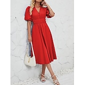 cheap Dresses-Retro Vintage 1950s Midi Dress Flare Dress Puff Sleeve Solid Color A-Line V Neck Women&#039;s Masquerade Wedding Vacation Tea Party Adults&#039; Dress