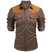 preiswerte Herrenhemd zum Knöpfen-Herren Hemd Sommerhemd Freizeithemd Knopfhemd Hellkaki Schwarz Rote Marineblau Blau Langarm Farbblock Revers Urlaub Hawaiianisch Button-Down Bekleidung Baumwollmischung Mode Lässig Bequem