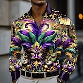 tanie Męska koszula satynowa-Mardi gras Męskie Maska Karnawał Satynowa koszula Koszule eleganckie Zapinana na guziki koszula Długi rękaw Moda na co dzień Święto Lato Wiosna Wieczorne Koszule z kołnierzykiem Druk 3D Fioletowy
