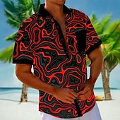 voordelige Geometrisch patroon-Voor heren Geometrisch Lijnen / golven Overhemd Overhemd met knopen Korte mouw Mode-casual Vakantie Feestdagen Strand Kleding Zomer Herfst Strijkijzer 3D-afdrukken shirts met kraag Voorste zak Rood