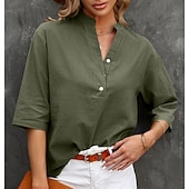 Недорогие Основные искусственные рубашки-Жен. Застегните кнопку вверх Блуза Длинные хлопковые топы Искусственный хлопок и лен Пуговицы Сплошной/однотонный цвет Классический Неоновый и Яркий V-образный вырез Повседневные