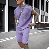 baratos Conjuntos de camisetas básicas masculinas-Homens Conjunto de shorts e camiseta Conjunto de T Sem Manga Crewneck Côr Sólida Roupa de Malha Tricotado Férias Roxo Bege Top Tee para Homens