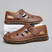 cheap Casual Sandals-Men's Brown Faux Leather Fisherman Sandals with Velcro Strap, Breathable Design and Comfortable Sole for Summer, Outdoor Activities and Beach Wear