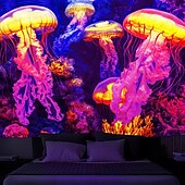 abordables Tapisseries à la lumière noire-Tentures en lumière noire glow in the dark fête luminescente UV réactive méduse trippy brouillée paysage naturel tenture murale suspendue pour salon chambre