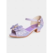 economico Ragazza dei fiori-sandali da bambina con fiocco glitterato viola e accenti di perle, cinturino regolabile, perfetti per matrimoni, compleanni e occasioni speciali