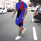 cheap Men&#039;s Tee Sets-Men&#039;s T-shirt Suits 2 Pieces Outfits Tee &amp; Shorts Short Sleeve Crewneck Summer Color Block Fashion Casual 2 Piece Vacation Daily Wear Going out Black White Green Top Tee for Men
