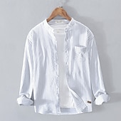 economico Casual da lavoro-Per uomo Camicia Camicia di lino Camicia casual Camicia con Bottoni Camicia di cotone A righe Vacanza Camicia hawaiana Bianco Vino Blu reale Manica Lunga Colletto alla coreana Primavera Autunno
