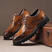 baratos Formal-sapatos derby marrom masculino - couro sintético com relevo de textura de crocodilo, calçados estilosos e versáteis para homens, ideais para uso casual, no escritório e no dia a dia