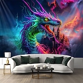 preiswerte Blacklight -Wandteppiche-Schwarzlicht-Teppich Leuchttapete im Dunkeln Glühparty UV reaktiv Drachenburg Trippy Nebelige Naturlandschaft hängende Wandkunst Wandmalerei für Wohnzimmer Schlafzimmer