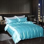cheap Duvet Cover Sets-4 Pieces Satin Silk Bedding Set with Fitted Sheets Duvet Cover Sets Summer Solid Color Comforters Covers with 2 Pillowcases