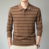 preiswerte Herren Elite Polo-Herren-Poloshirt aus Wolle, Strick, Polopullover, formell, Arbeit, Umlegekragen, langärmlig, modern, bequem, gestreift, Knöpfe, Streifen, Frühling, Frühling &amp; Herbst, normale Passform, Marineblau, Blau, Dunkelgrün, Braun, Polo
