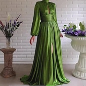 baratos VERDE-Vestido de Festa A-Line Brilhante Vestido Formal de Formatura Comprimento Total Sem Mangas Decote Alto Poliéster com Glitter Lantejoula