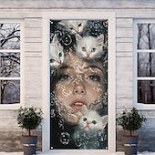 お買い得  ドアカバー-女の子 猫 ドア装飾 ドアカバー ドアタペストリー ドアカーテン装飾 バックドロップ 屋内/屋外のドアバナー フロントドア ファームハウス