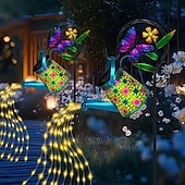 cheap Landscape Lights-Solar Watering Kettle Light with Colorful Butterfly Shepherd Hook Waterproof Solar Garden Light Wrought Iron LED Outdoor Garden Light for Courtyard Terrace Sidewalk Lawn Decoration