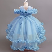 preiswerte Kleider für die Blumenmädchen-Blumenmädchenkleid Mädchen Formelle Kleidung Prinzessinenkleid Party Kleid Hochzeit Besondere Anlässe bezaubernd Süß Rüschen Zip Feste Farbe Kurzarm Rundhalsausschnitt Weiß Champagner 4-13 Jahre
