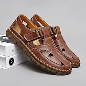 cheap Casual Sandals-Men's Brown Faux Leather Fisherman Sandals with Velcro Strap, Breathable Design and Comfortable Sole for Summer, Outdoor Activities and Beach Wear