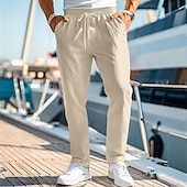 cheap Holiday-Men&#039;s Linen Pants Trousers Summer Pants Beach Pants Drawstring Elastic Waist Straight Leg Plain Comfort Breathable Casual Daily Holiday Fashion Classic Style Black White