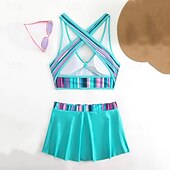 abordables Maillots une pièce et tankinis-Femme Tankini Maillot De Bain Deux Pièces Dos Nu Maillots de Bain Mosaïque Maillots de Bain Noir Jaune Respirable Séchage rapide Poids Léger Sans Manches - Natation Surf Plage Eté Printemps