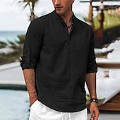 cheap Vacation-Men&#039;s Shirt Linen Shirt Popover Shirt Summer Shirt Beach Wear Plain Vacation Curise Black White Orange Long Sleeve Band Collar Spring &amp; Summer Clothing Apparel