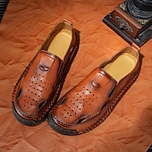 cheap Casual Sandals-Men&#039;s Brown Leather Slip-On Sandals with Perforated Detailing and Stretch Panels – Comfortable and Stylish for Casual Wear, Outdoor and Summer Activities