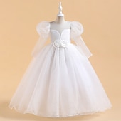preiswerte Kleider für die Blumenmädchen-Blumenmädchenkleid Mädchen Formelle Kleidung Prinzessinenkleid Hochzeitskleidung Party Kleid Leistung Besondere Anlässe Prinzessin Süß Feste Farbe Langarm Rundhalsausschnitt Weiß Gelb 4-13 Jahre