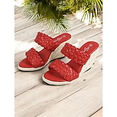 cheap Vacation Sandals-Red Woven Slide Sandals for Women – Stylish Wedge Heel, Summer Beach &amp; Casual Outdoor Footwear